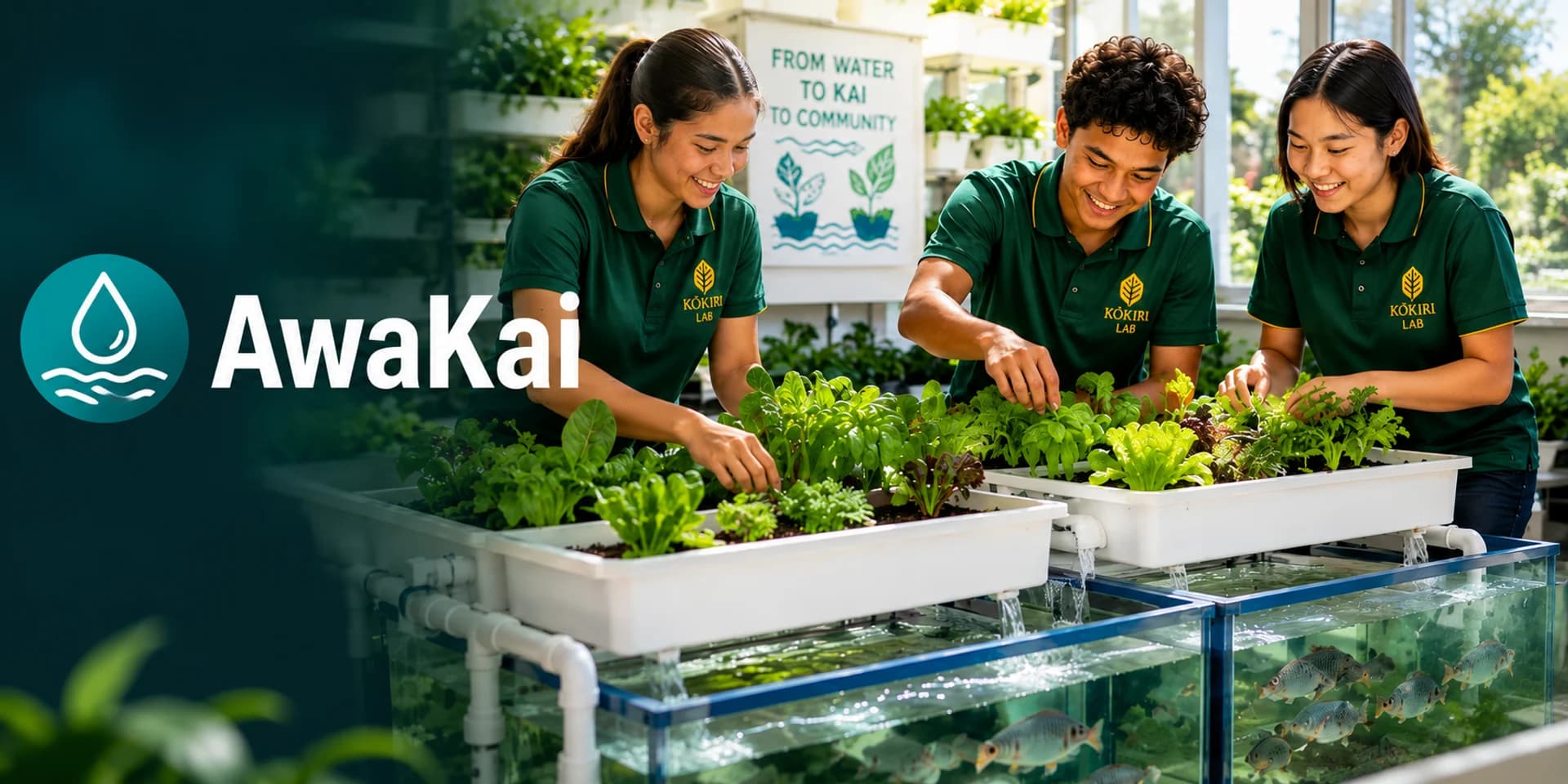AwaKai — students monitoring aquaponics tanks for food-growing systems