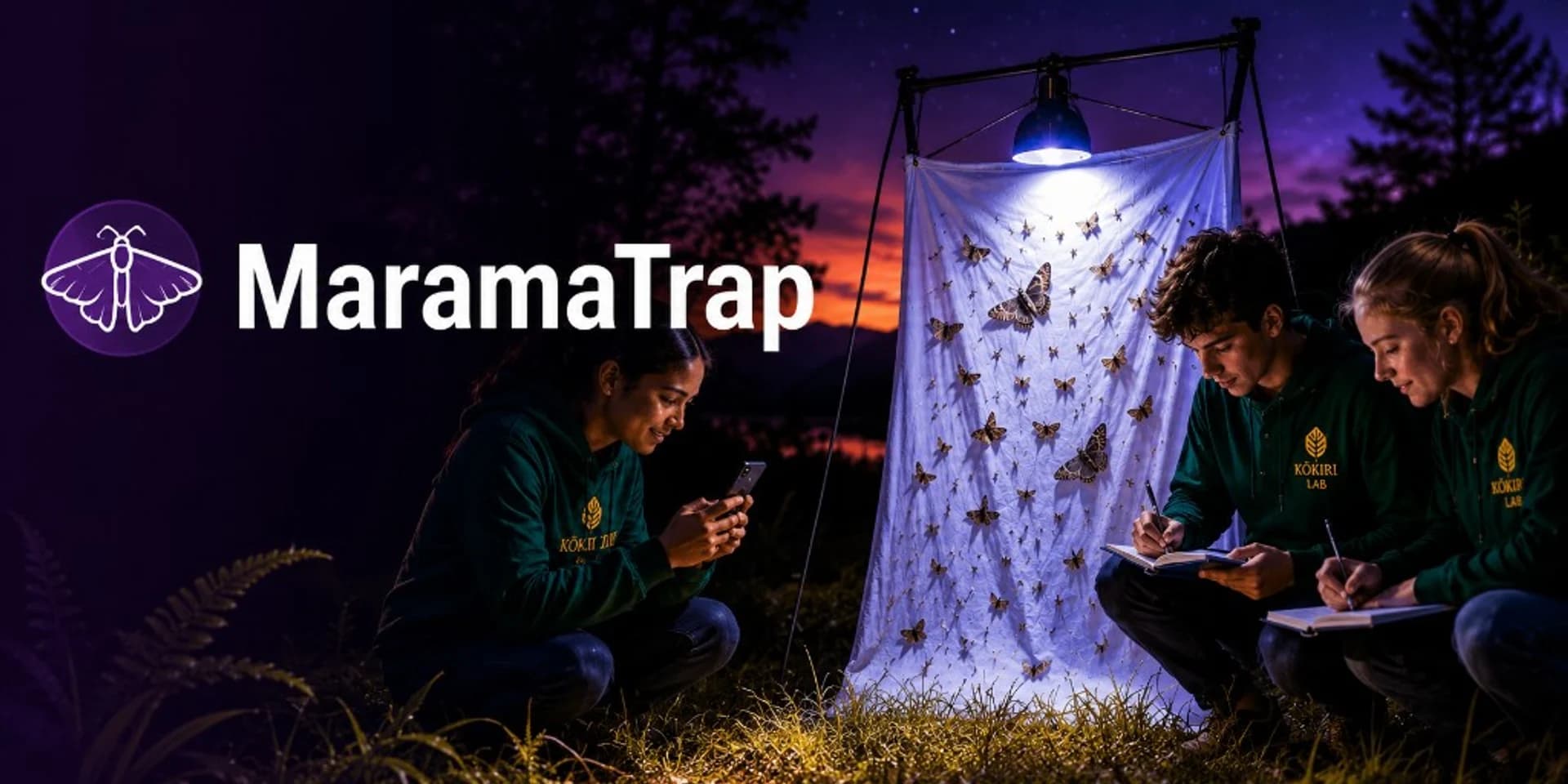 MaramaTrap — researchers at a UV light trap with moths on a white sheet at twilight
