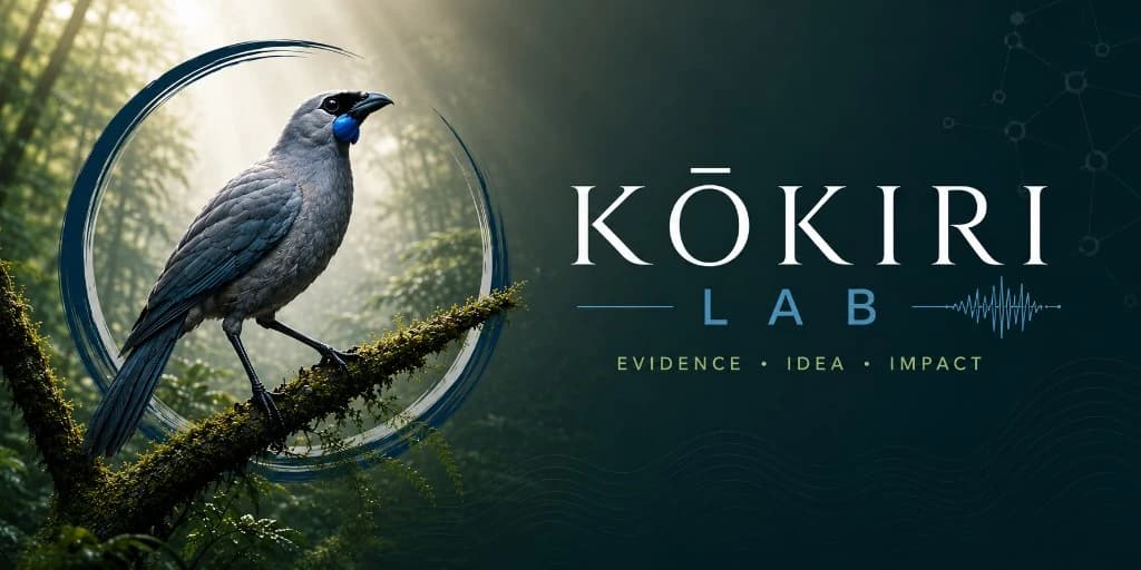 Kōkiri Lab — kōkako in the forest with the Kōkiri Lab wordmark.
