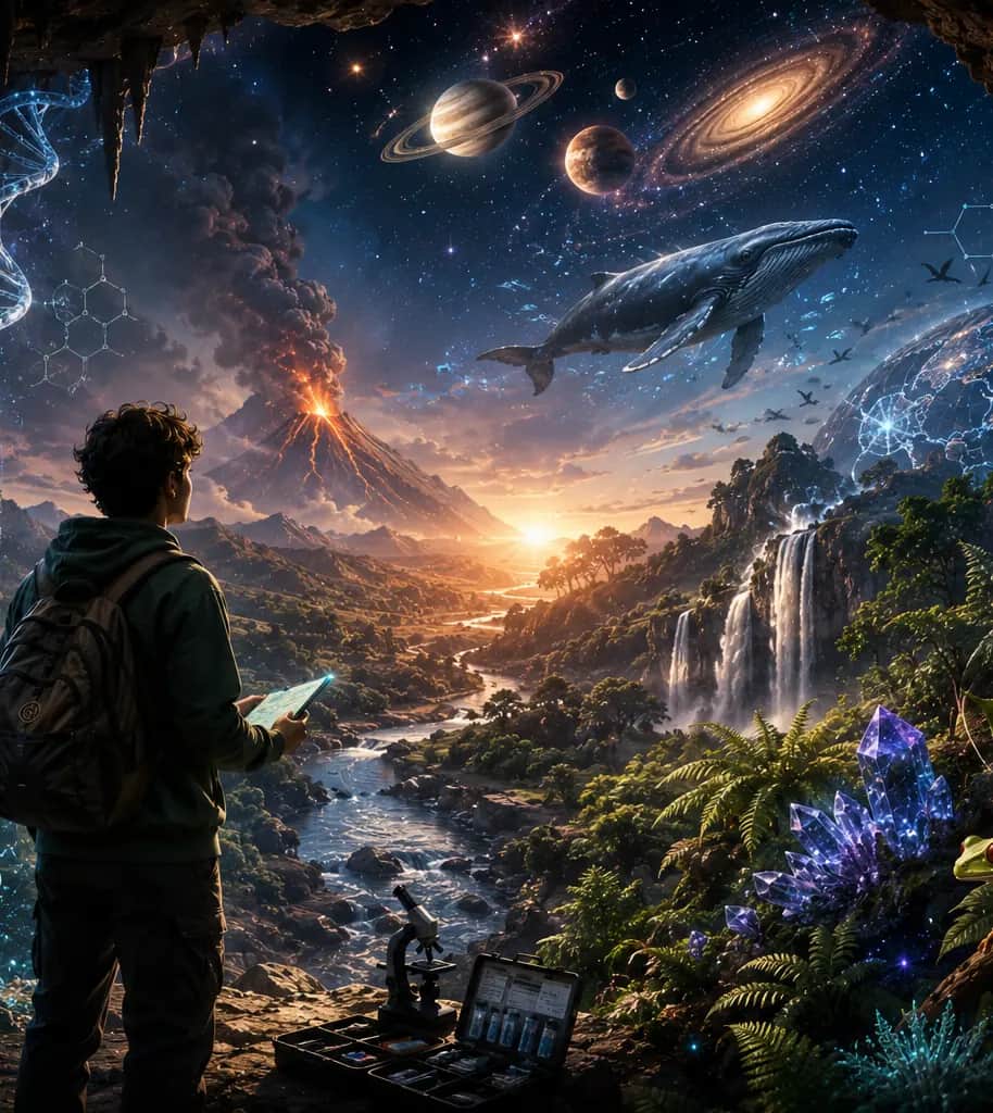 An explorer looking out at a volcano, waterfalls and planets in the night sky