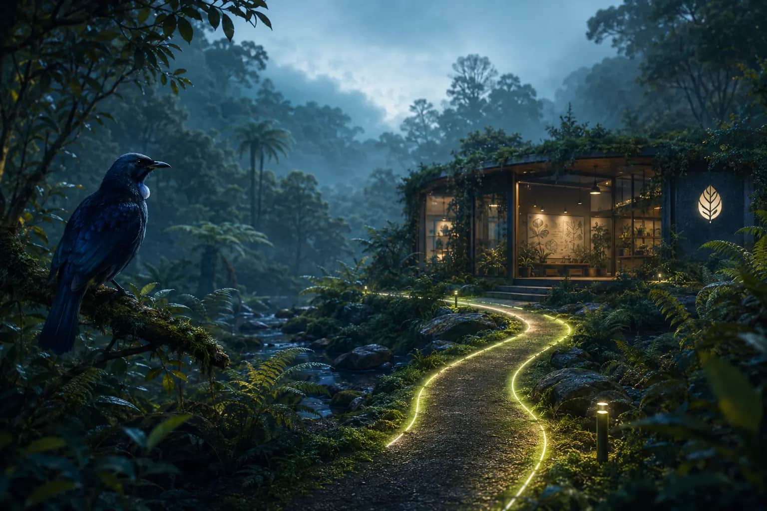 A glowing eco-home in the bush at dusk