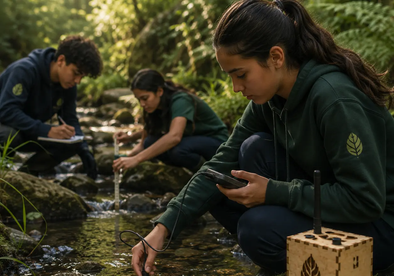 Students testing the water in a bush stream
