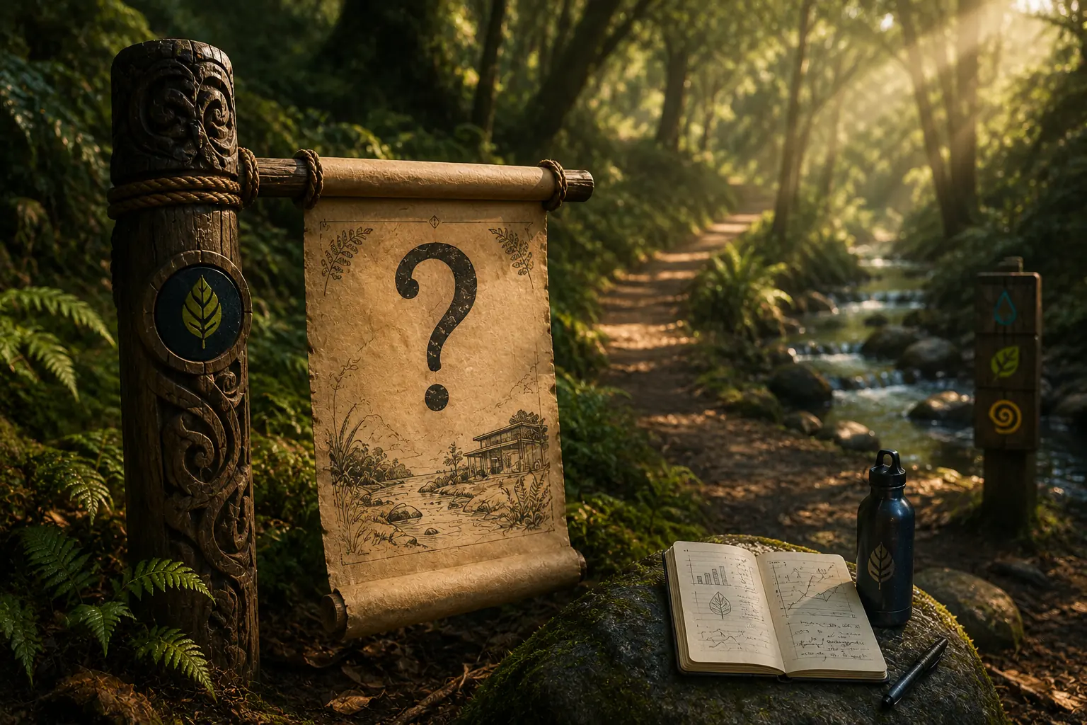 A map scroll with a question mark beside a forest path