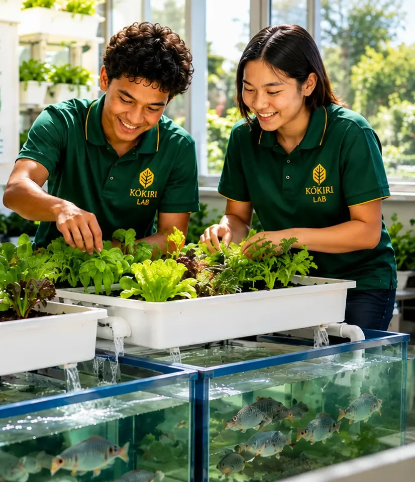 Students tending plants growing above aquaponics fish tanks