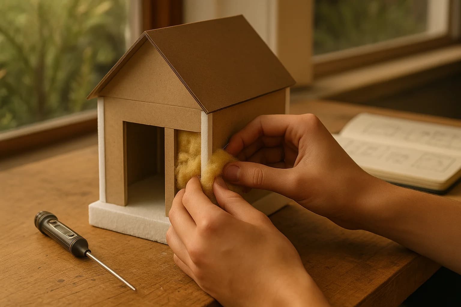 A laser cutter cutting parts for a small model building