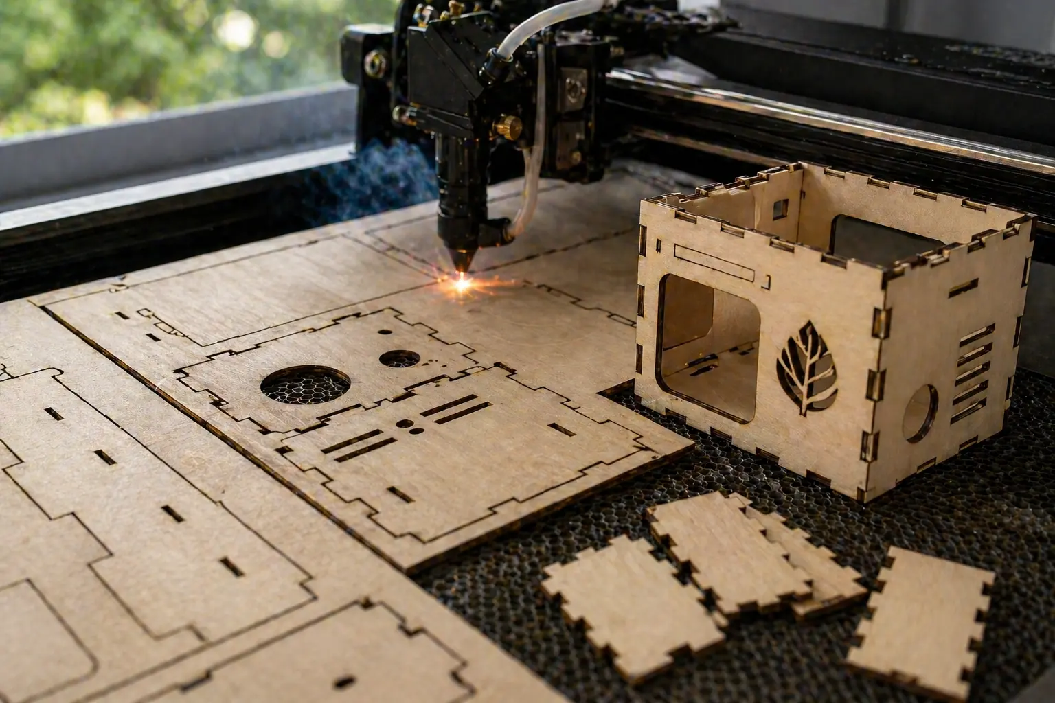 A laser cutter cutting parts for a small model building