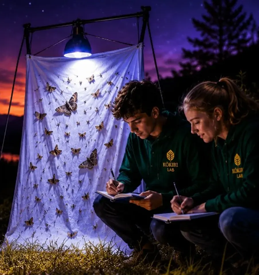 Students recording moths on a lit white sheet at night