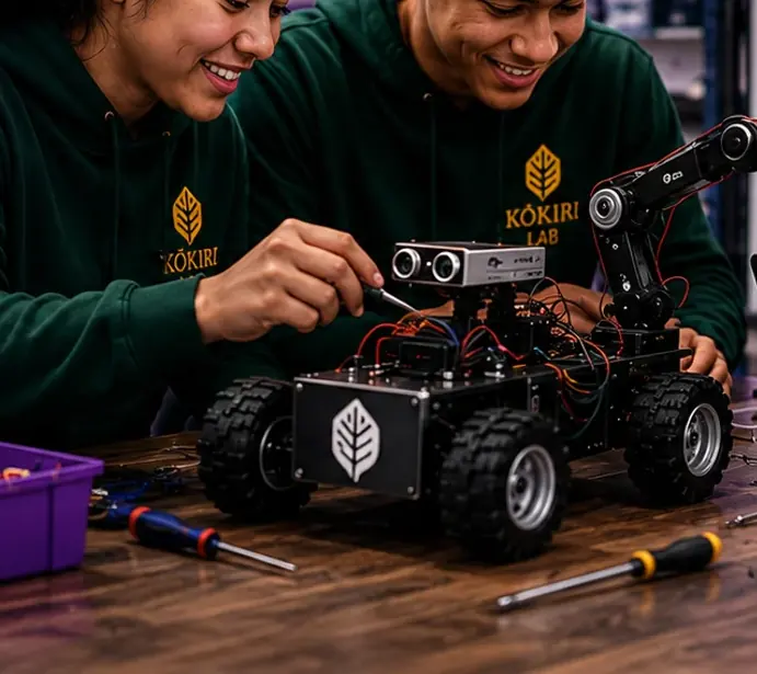 Two students wiring up a wheeled robot with a camera and an arm