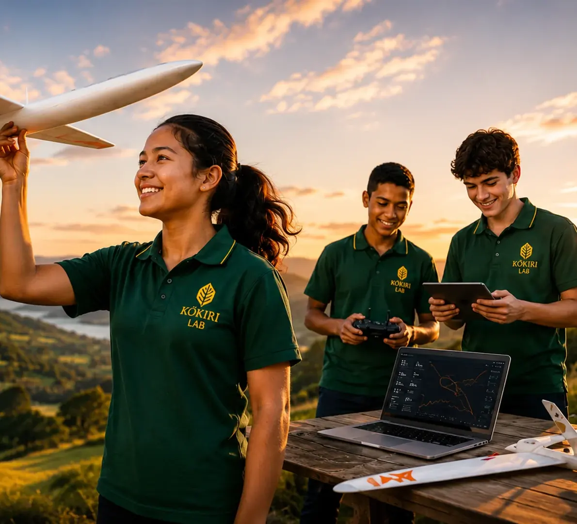 Students launching and tracking a model glider at sunset