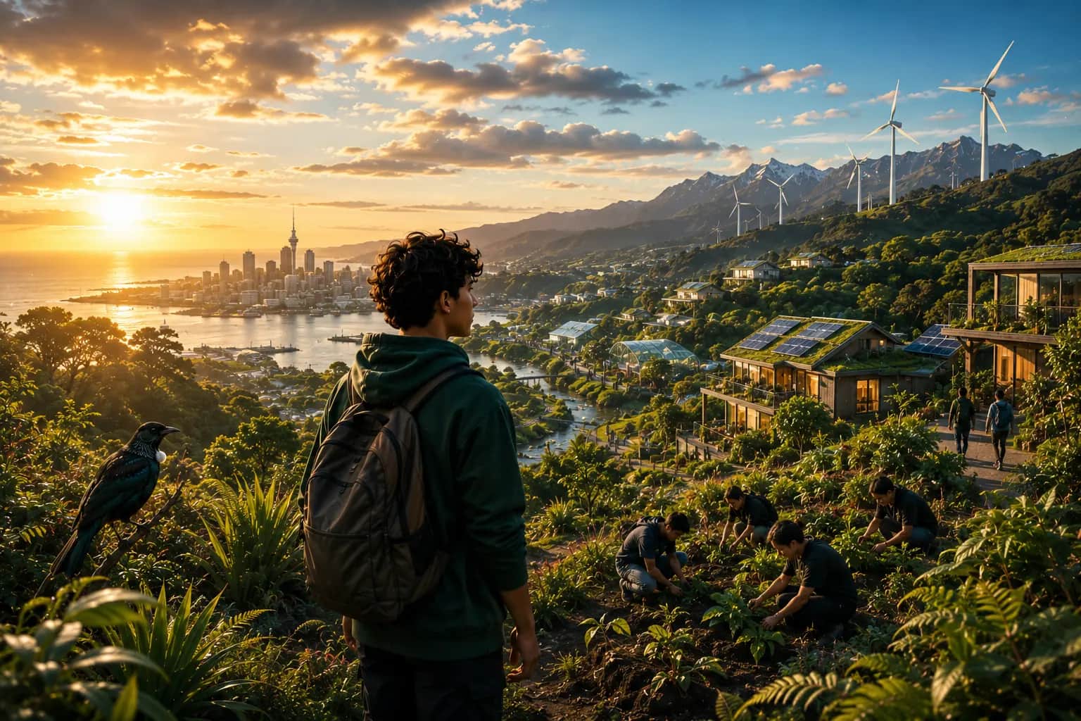 A young explorer looking out over a green, sunlit Aotearoa landscape