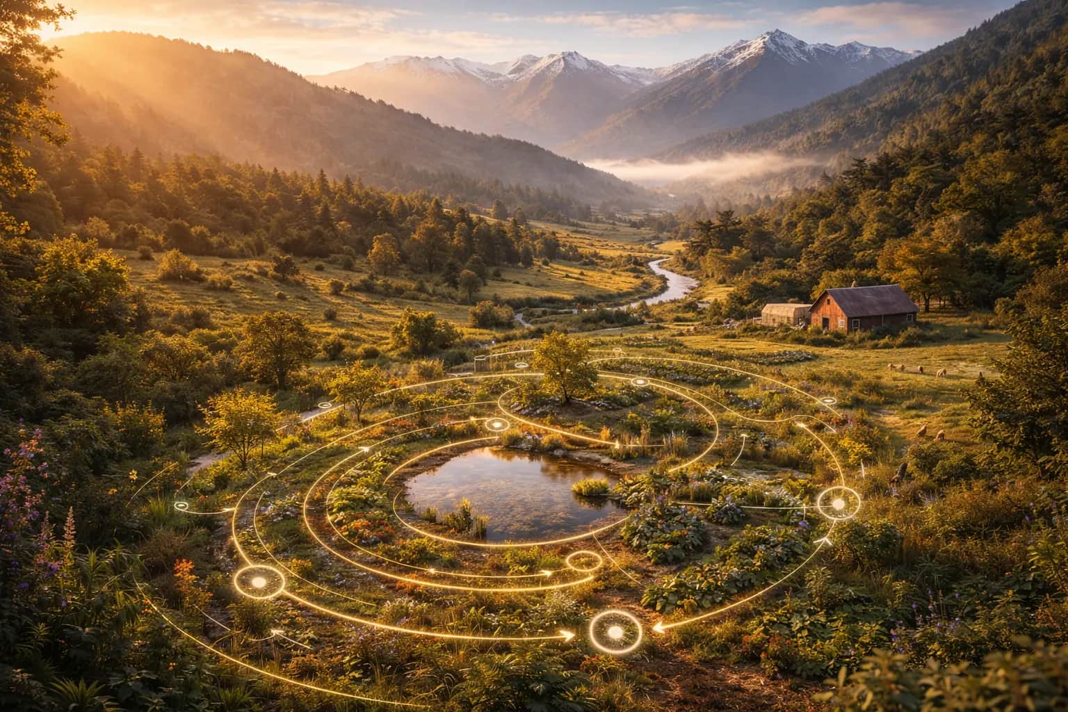 A valley with a pond and glowing design circles over the land