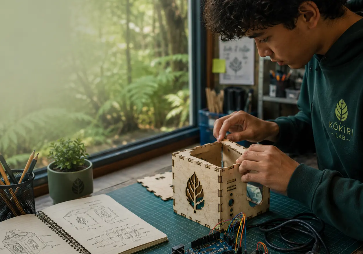 A student building an electronics sensor box at a workbench