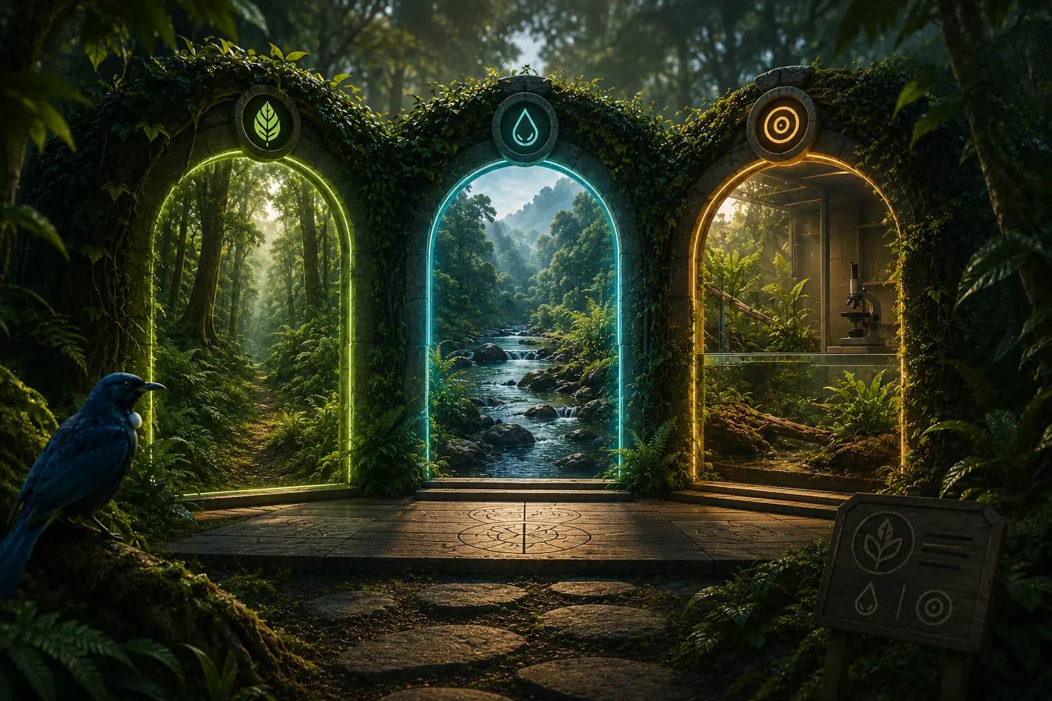 Three glowing doorways in a forest, each opening onto a different world